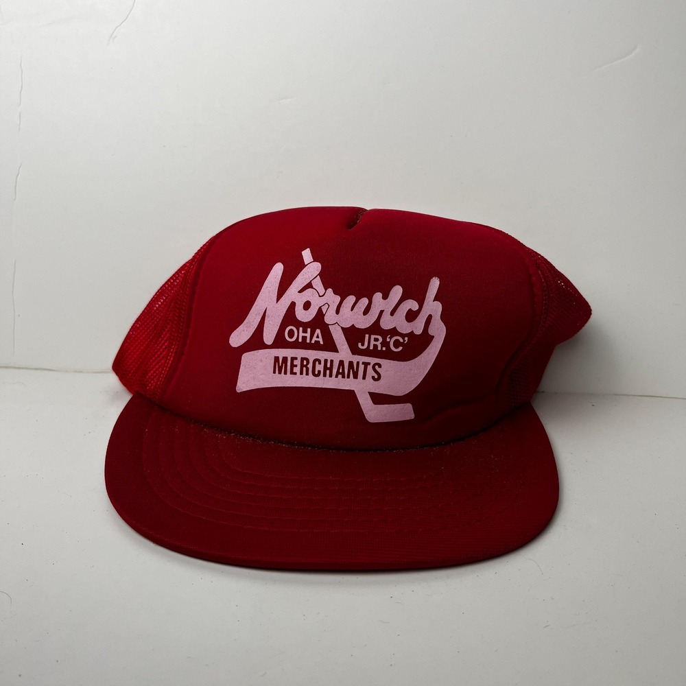 Vintage Norwich Merchants 1980s White Red Script Mesh Trucker Snapback Hat USA